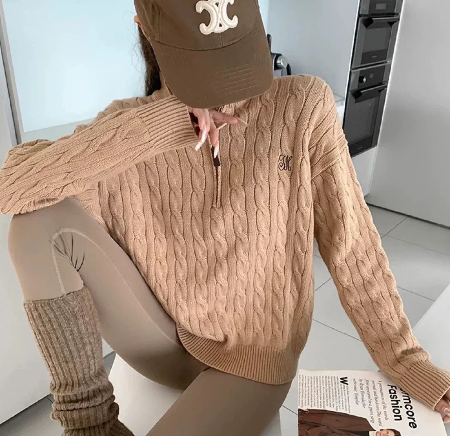 New Beige Cable Knit Quarter-Zip Sweater image indicator(2)