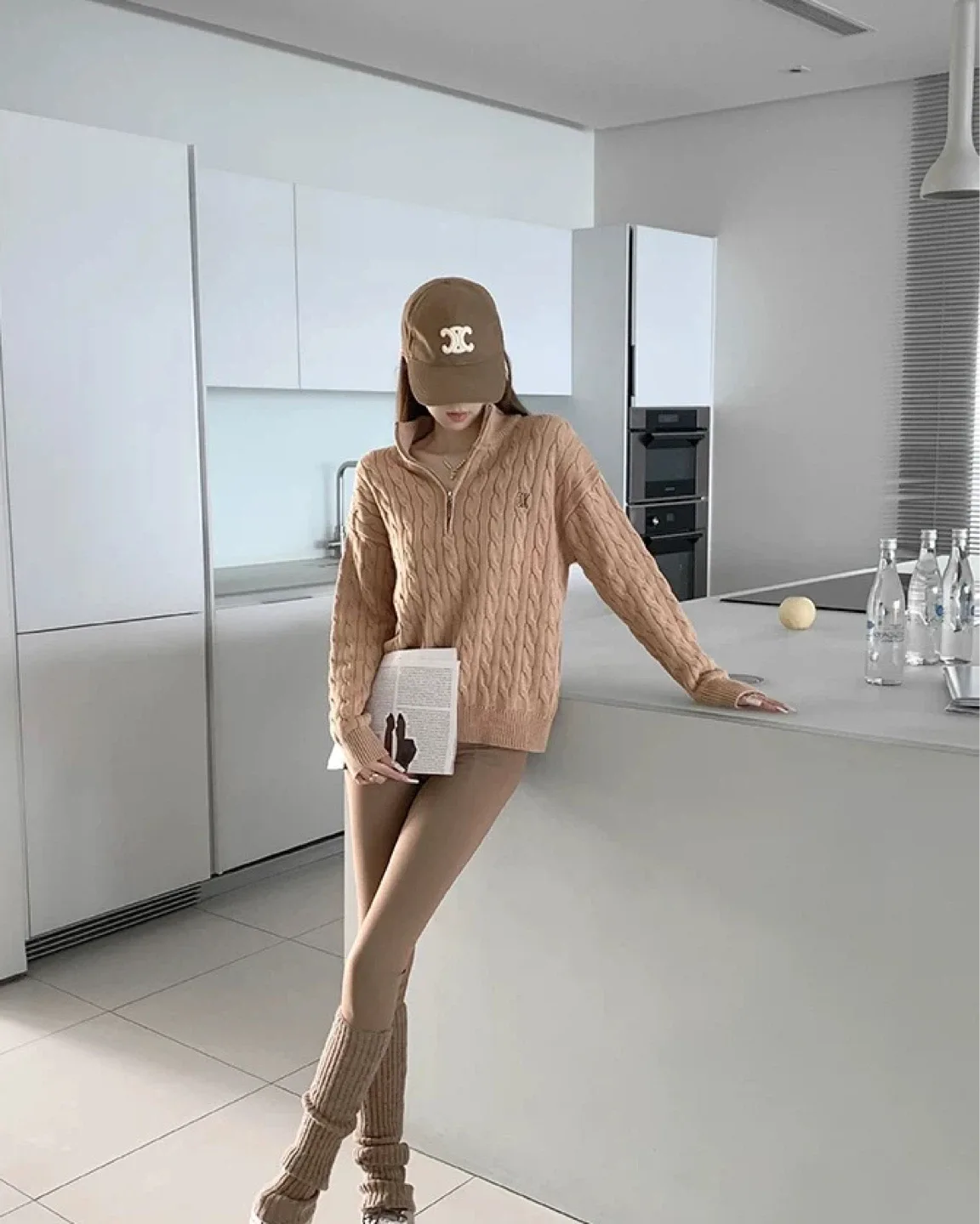 New Beige Cable Knit Quarter-Zip Sweater image indicator(3)