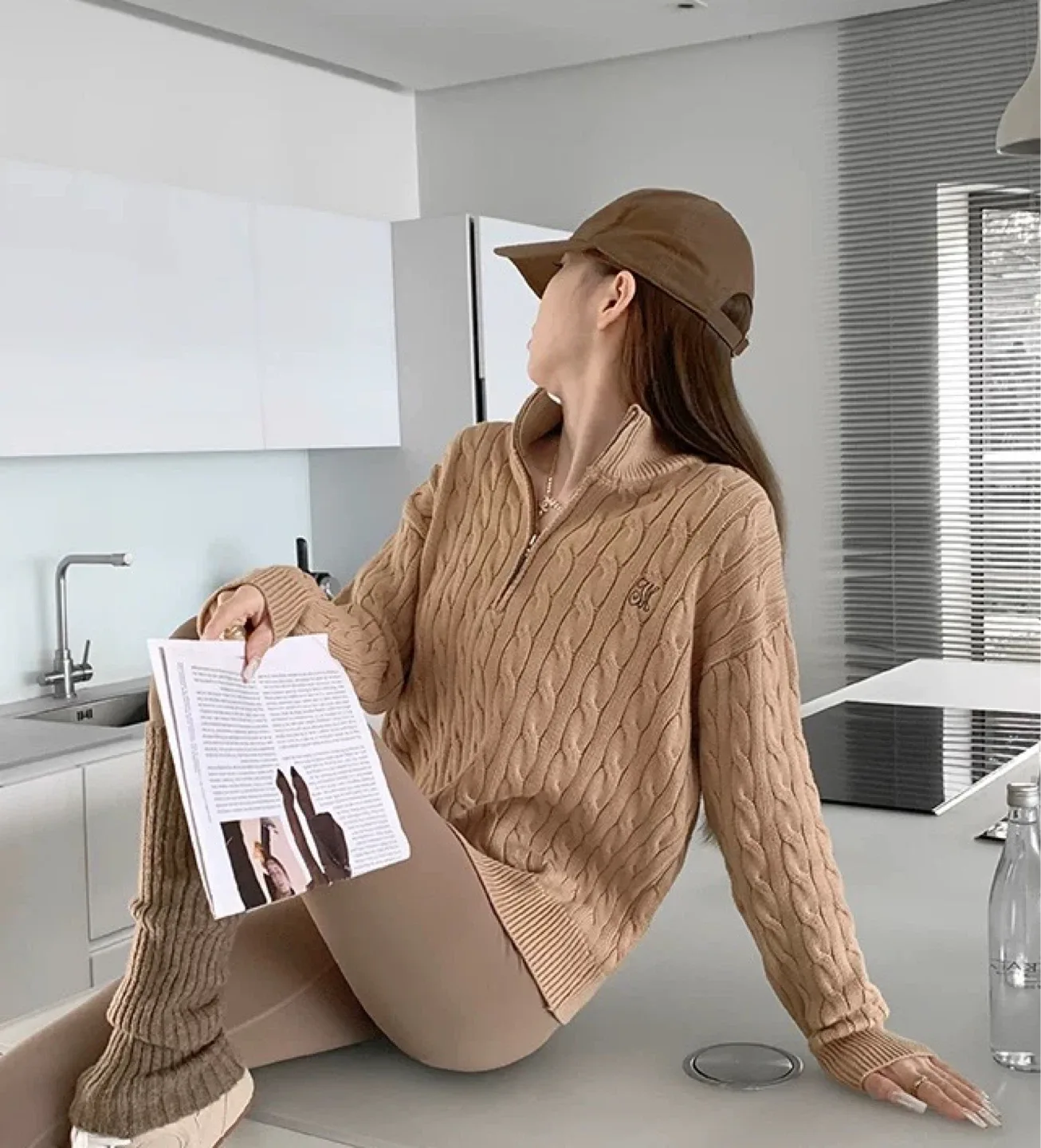 New Beige Cable Knit Quarter-Zip Sweater image indicator(4)