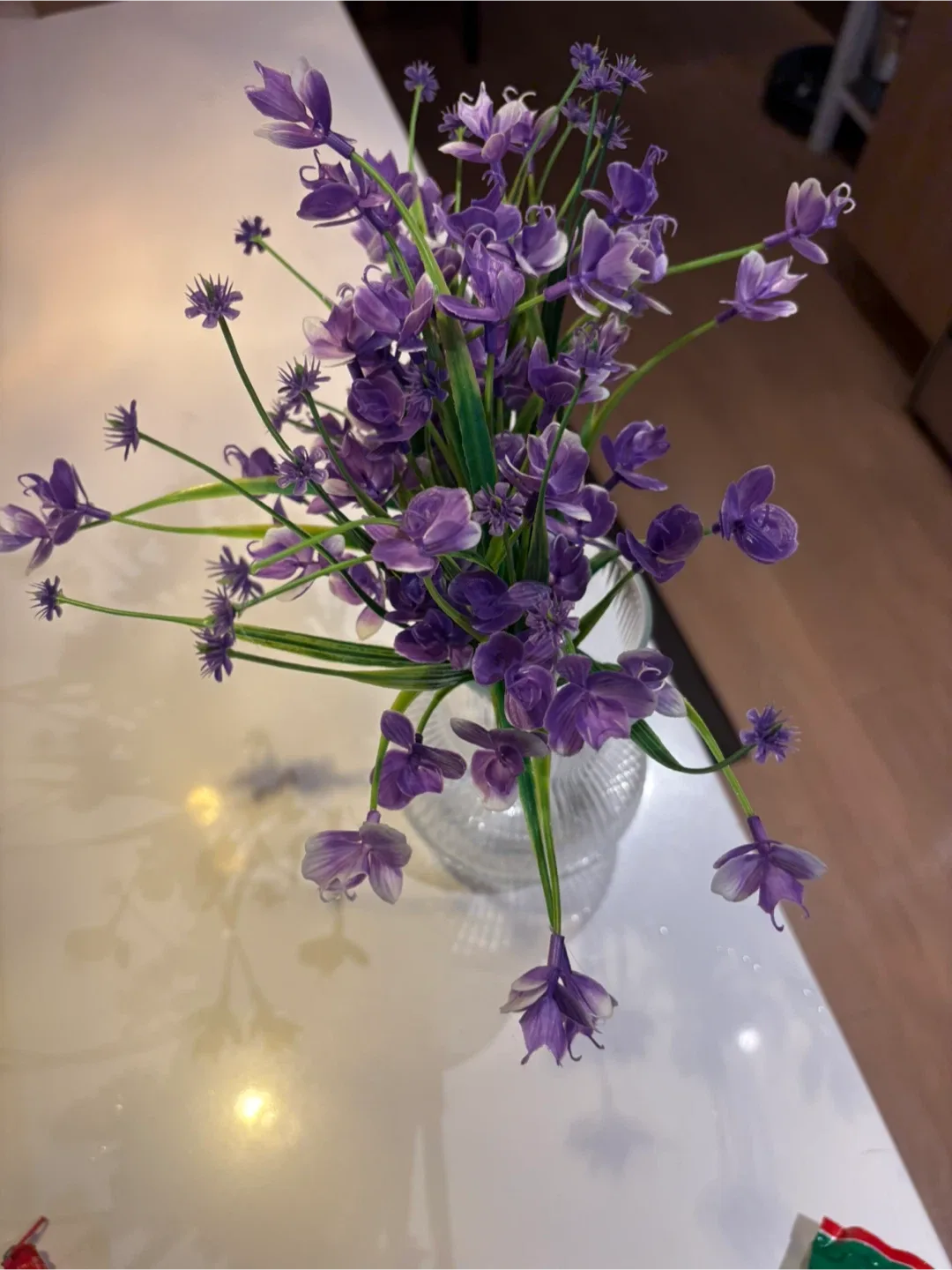 Purple Artificial Flowers in Glass Vase image indicator(2)