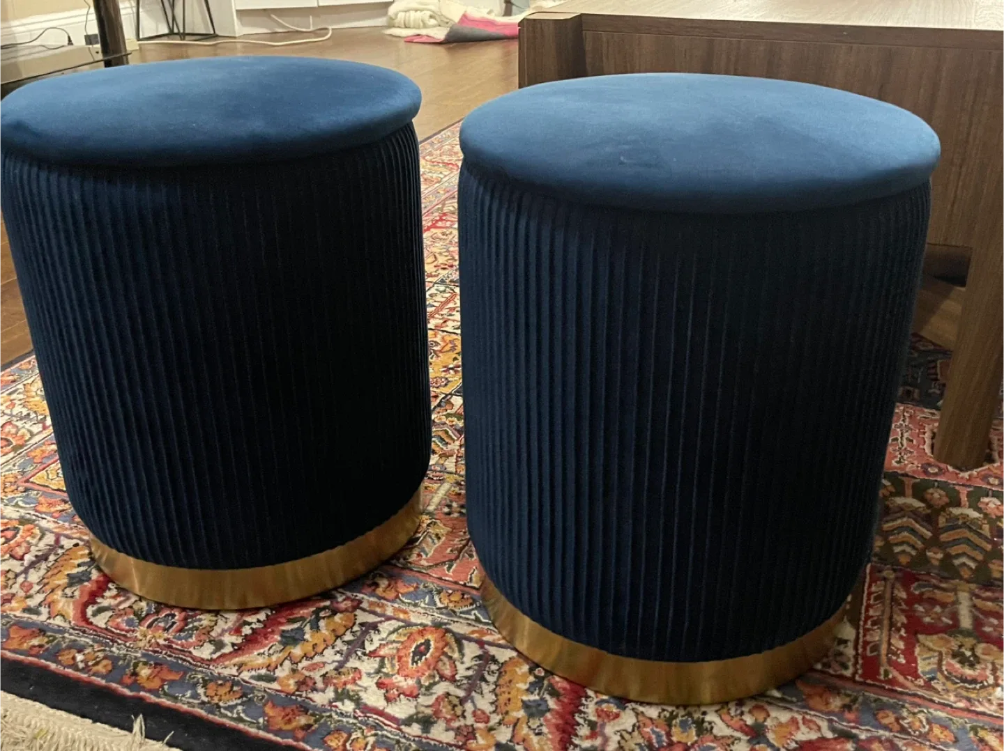 Blue Velvet Storage Ottoman Stools - Set of 2