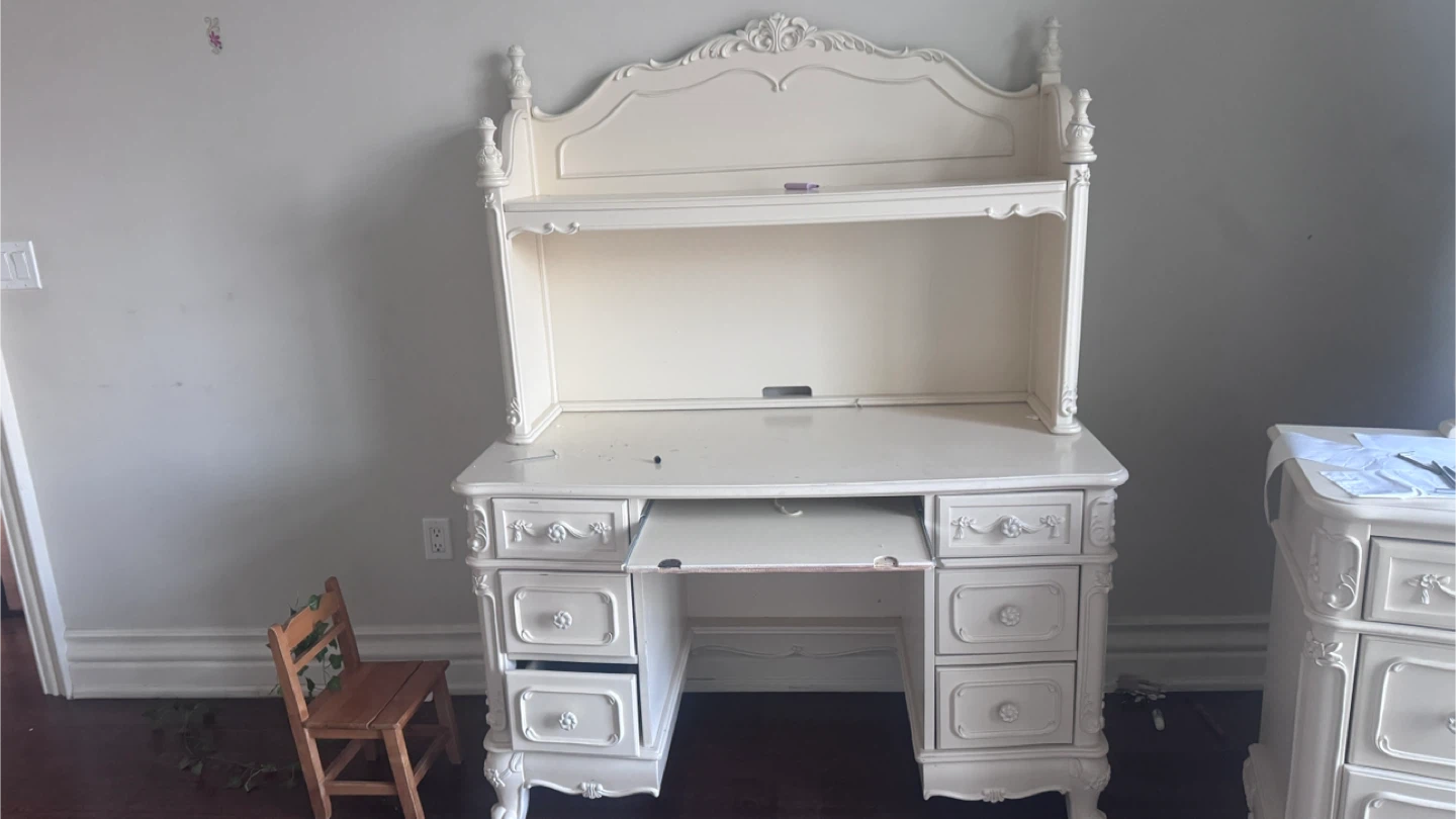 Ornate White Desk with Hutch