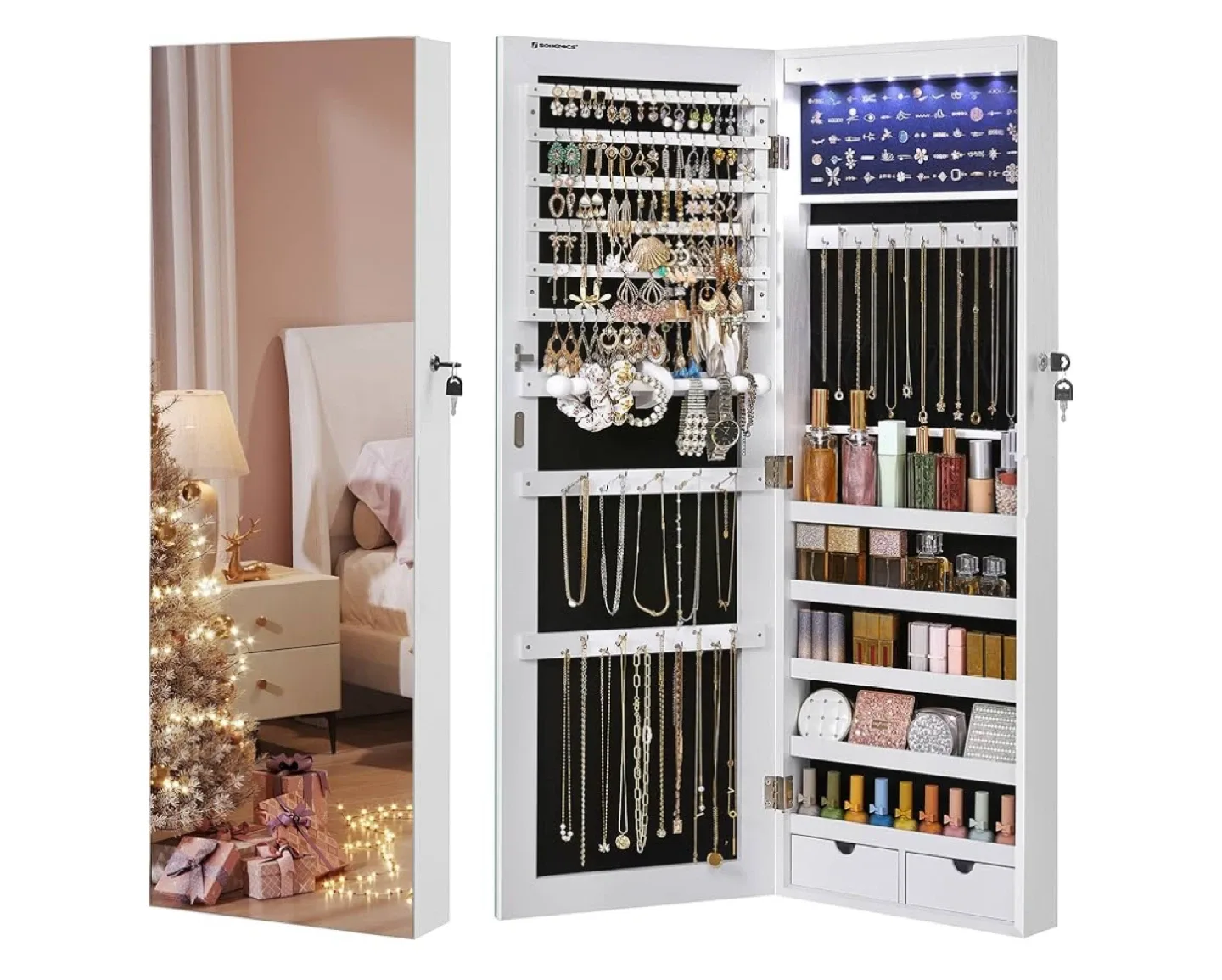 Hanging Jewelry Cabinet Full length Mirror with LED lights