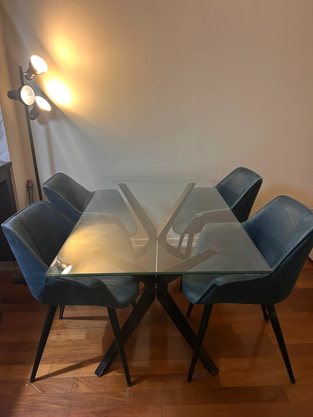 Glass Top Dining Table with 4 Blue Chairs - photo 5