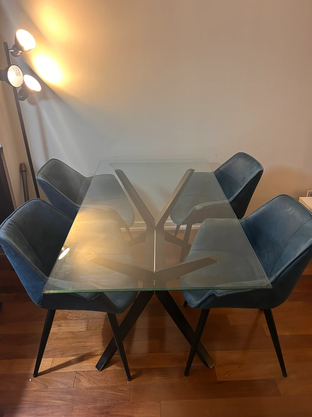 Glass Top Dining Table with 4 Blue Chairs