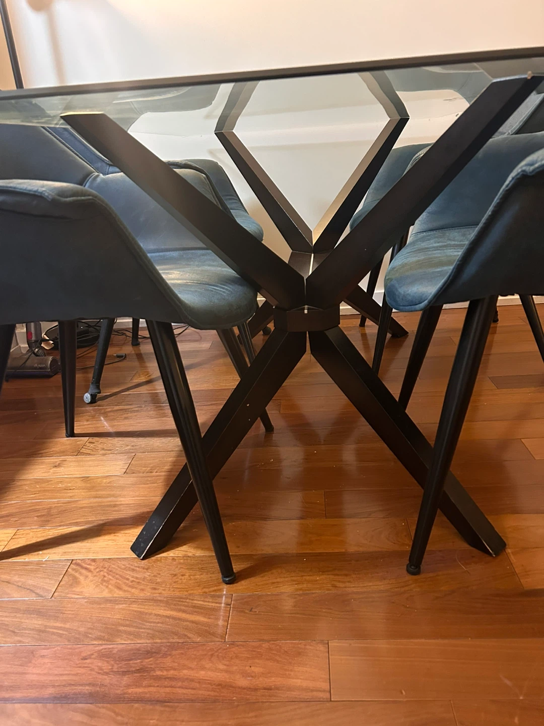 Glass Top Dining Table with 4 Blue Chairs - photo 3