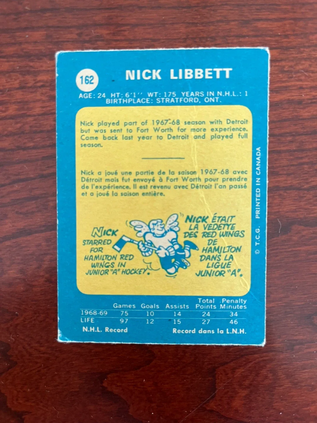 1969-70 OPC HOCKEY CARD#162 NICK LIBBETT DETROIT RED WINGS image indicator(2)