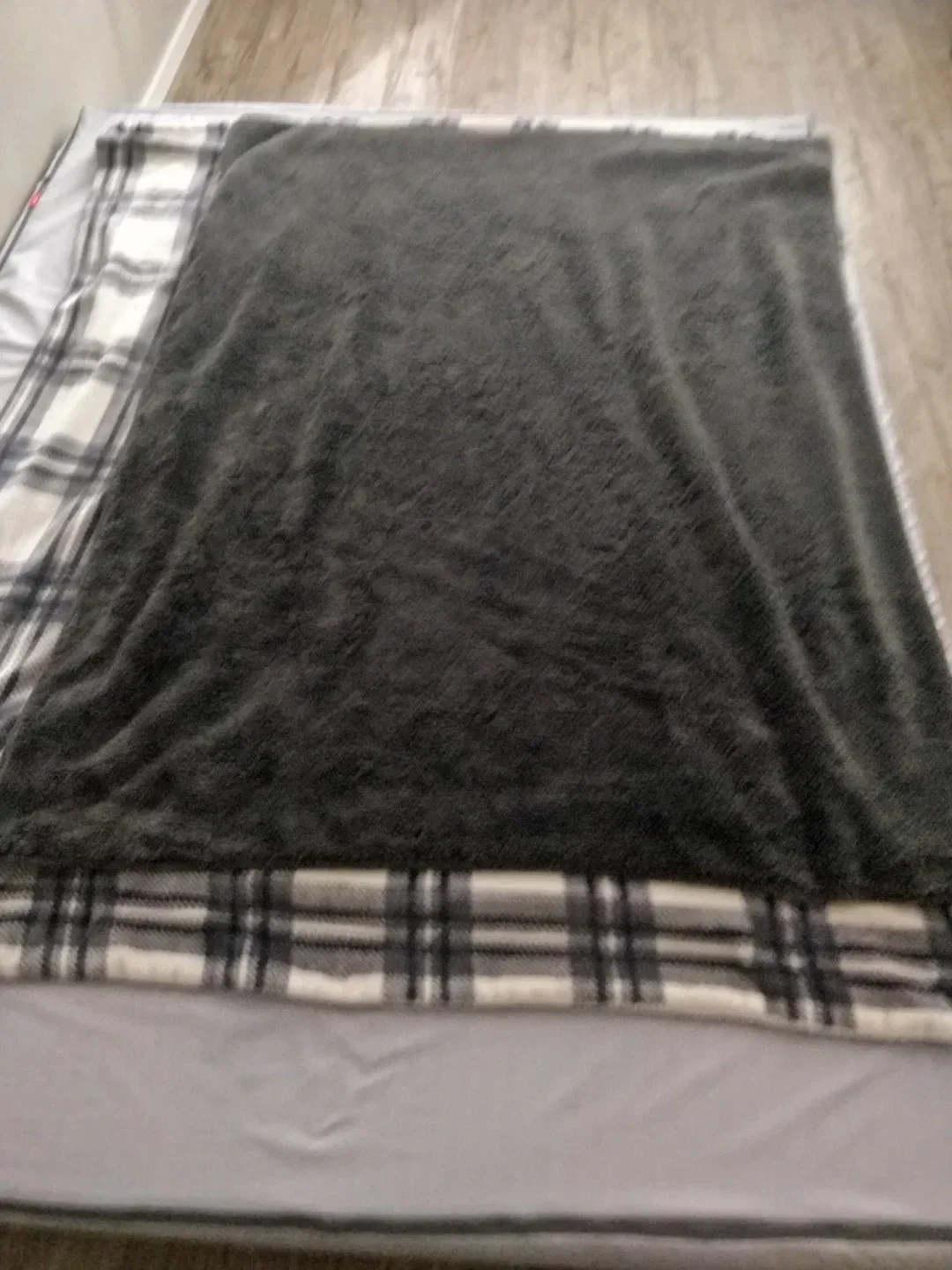 Grey Plush Blanket with Plaid Border