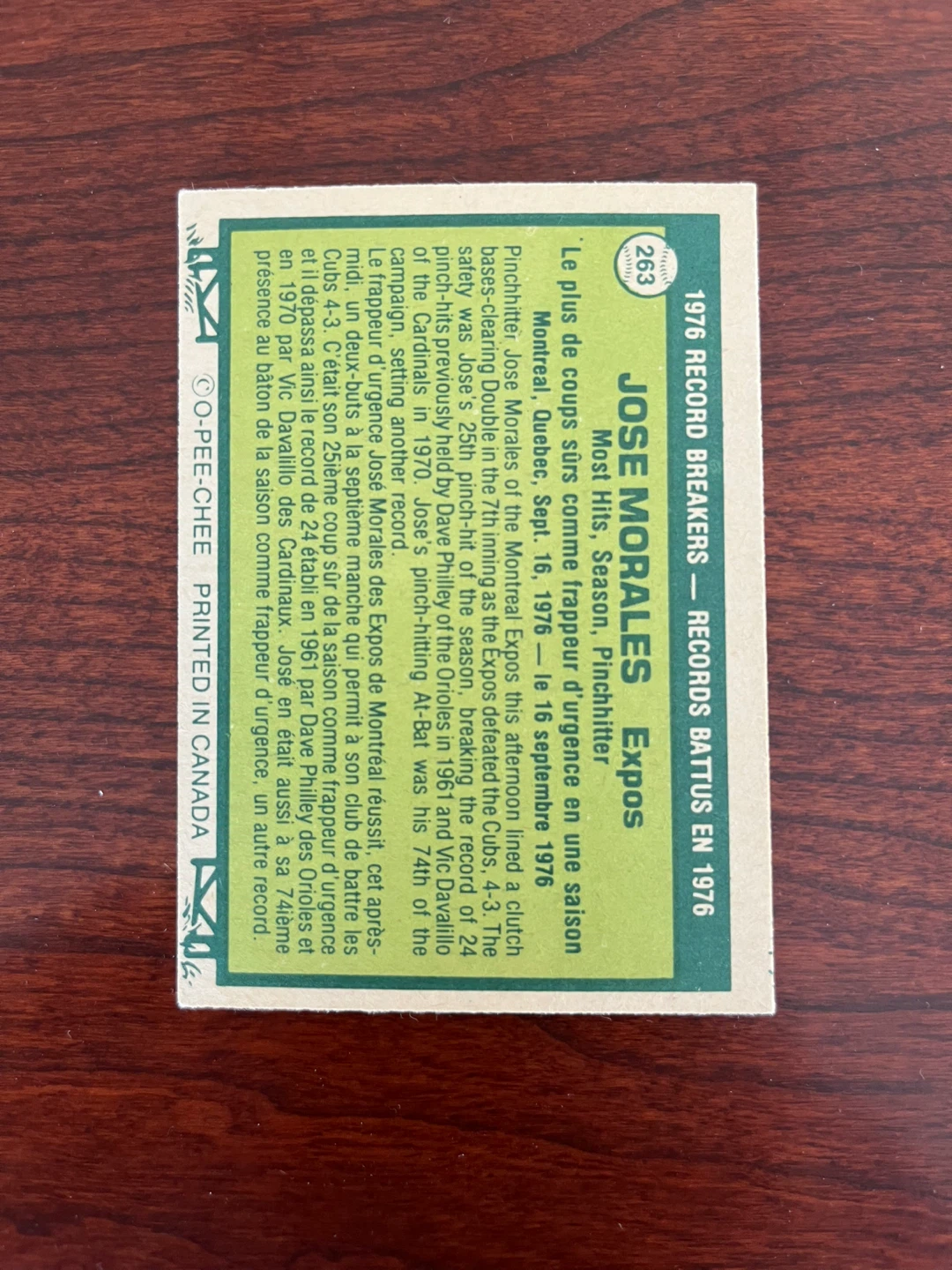 1977 O-PEE-CHEE 263 JOSE MORALES RECORD BREAKER - photo 2