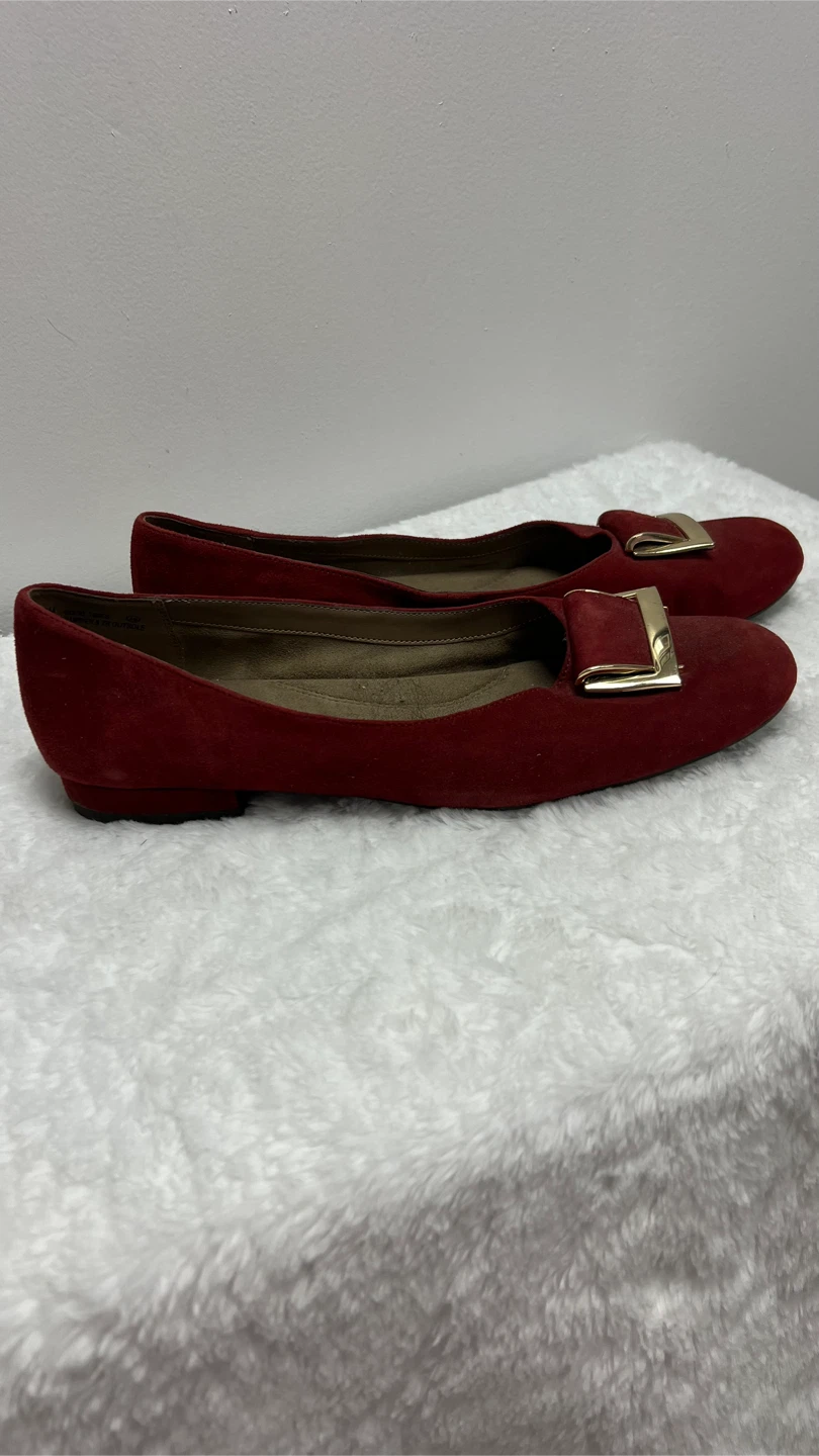 Red Suede Flats with Gold Buckle