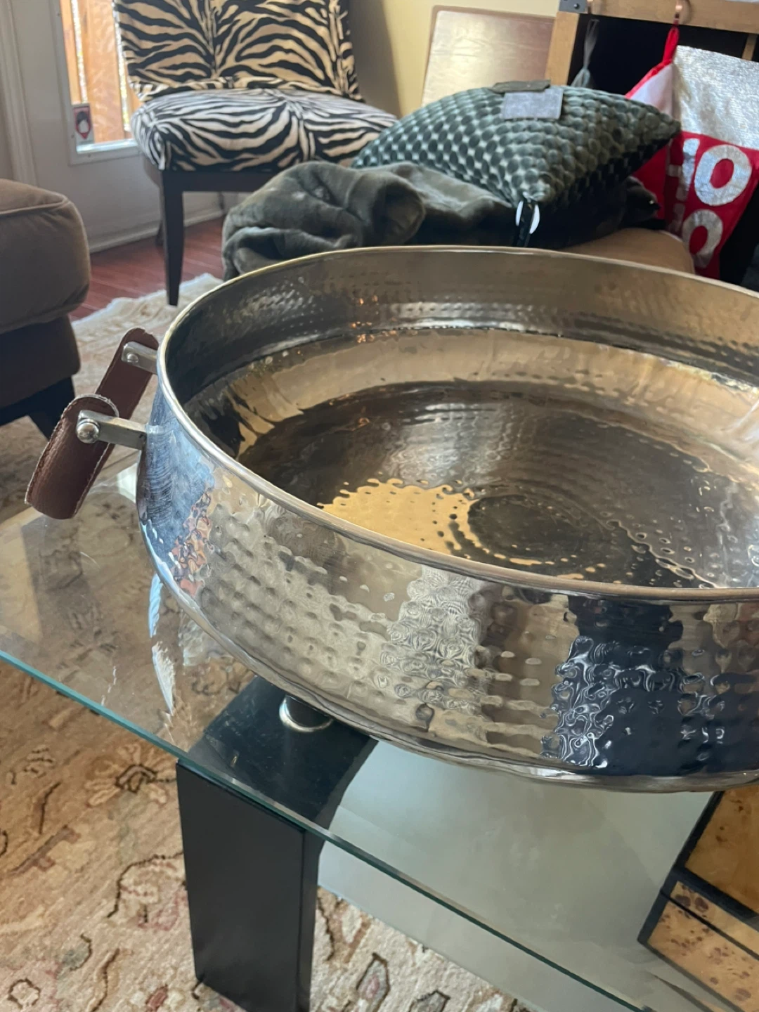 ✨ Large Hammered Metal Decor Bowl with Leather Handles
