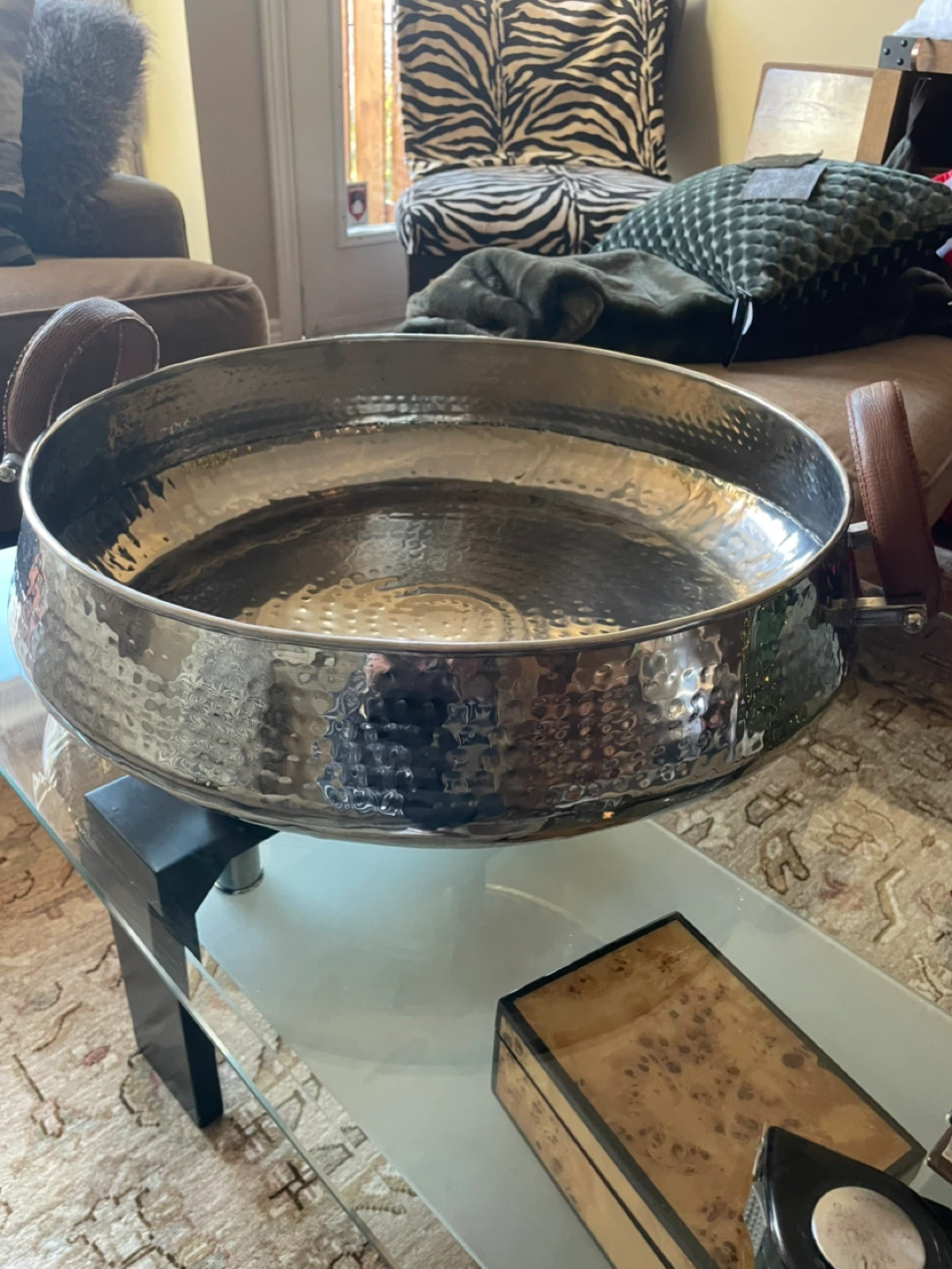 ✨ Large Hammered Metal Decor Bowl with Leather Handles - photo 4