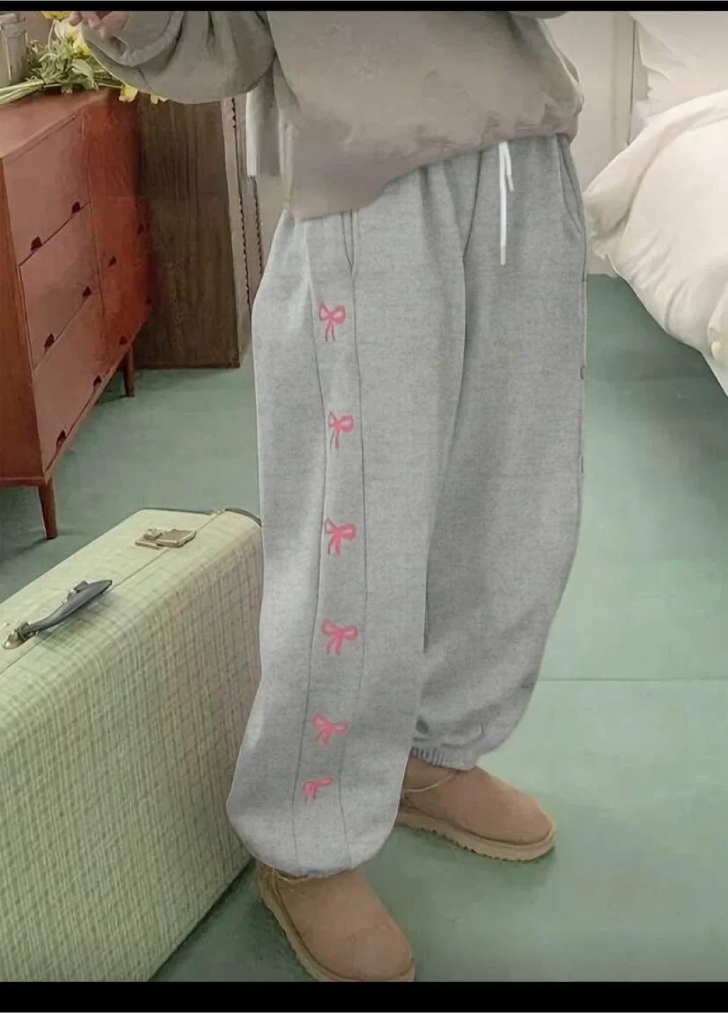 Grey Sweatpants with Pink Bows