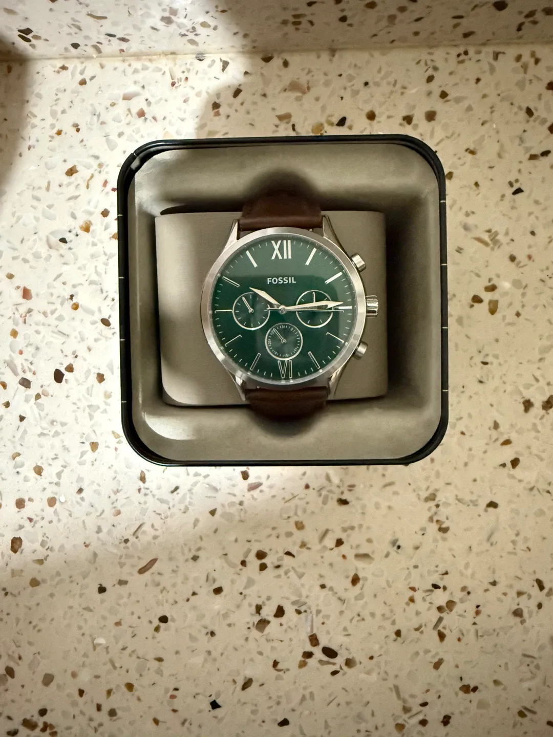 Fossil Watch chronograph with Green Face & Brown Leather Strap