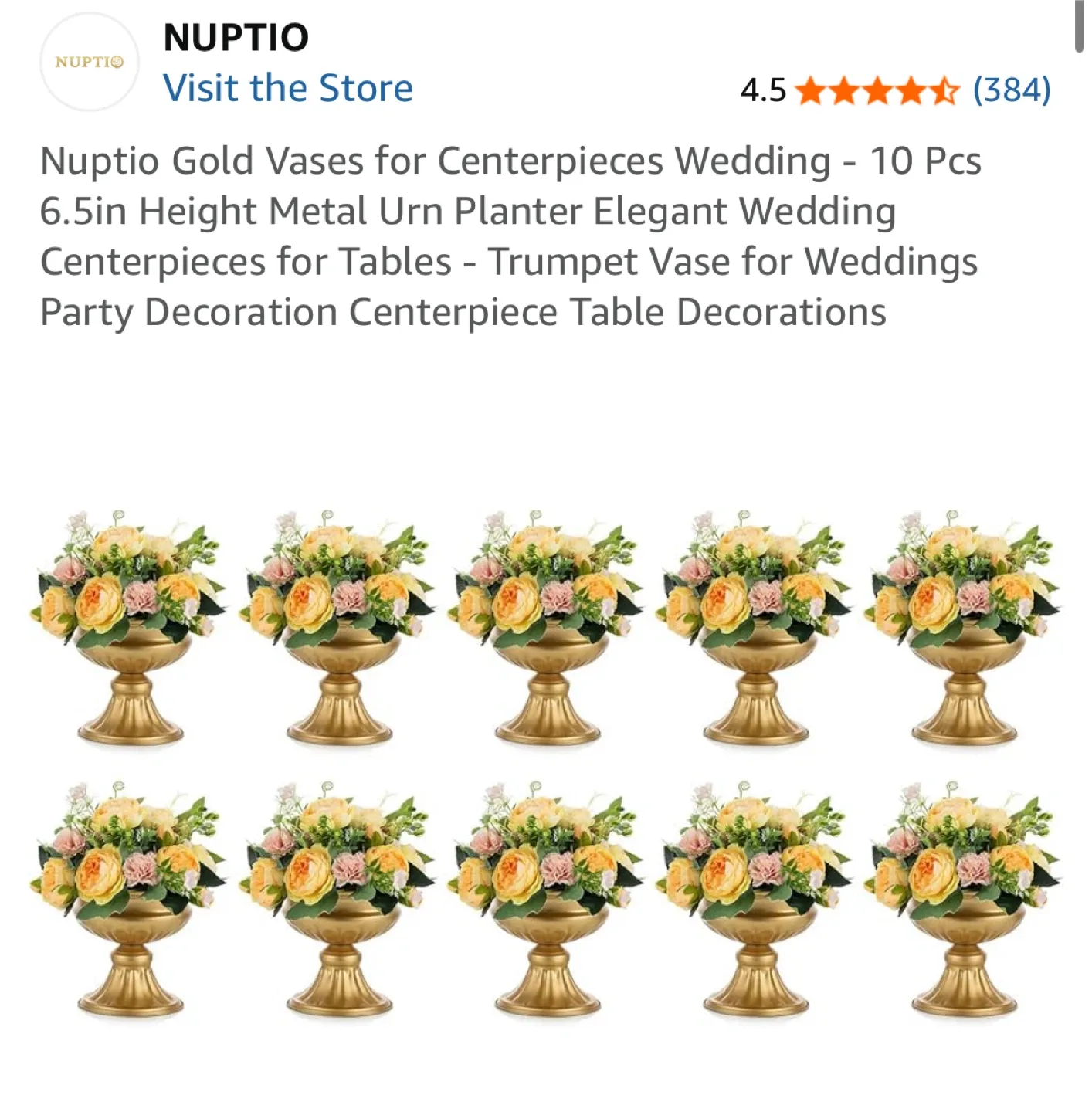 Nuptio Gold Vases for Wedding Centerpieces (10 Pcs)