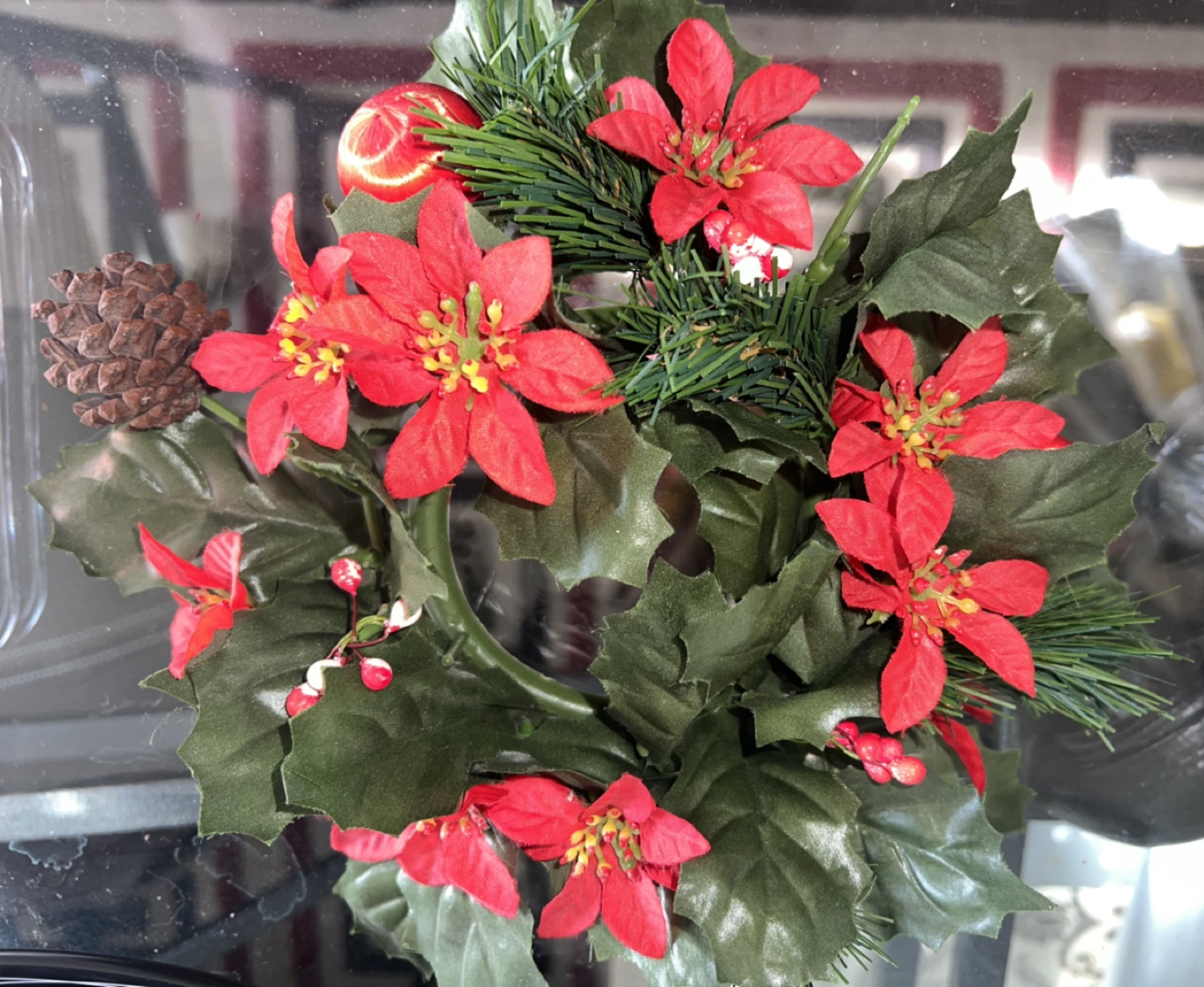 Holiday Candle Ring with Poinsettias (d: 9”-inside 4”)