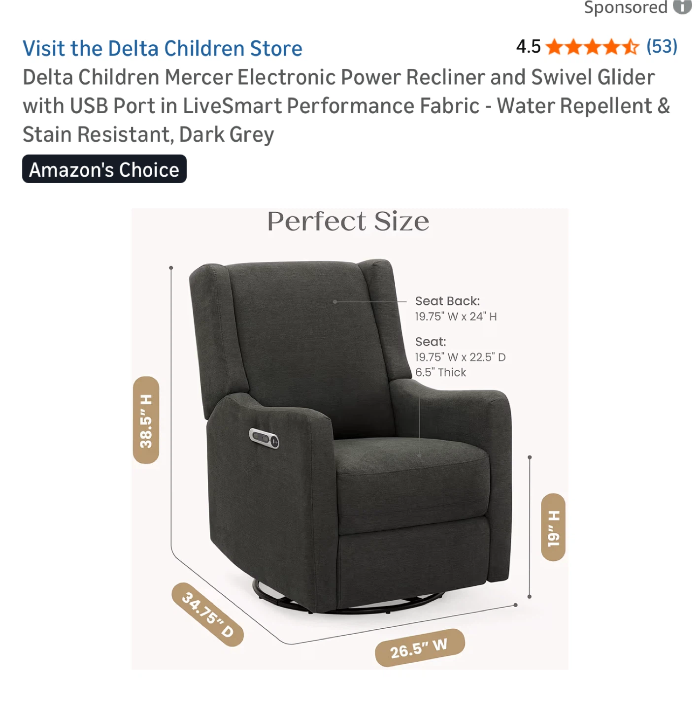 Delta Children Mercer Electronic Power Recliner - Dark Grey - photo 2