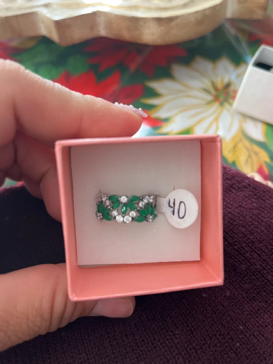 Green & White Stone Ring - Size 40