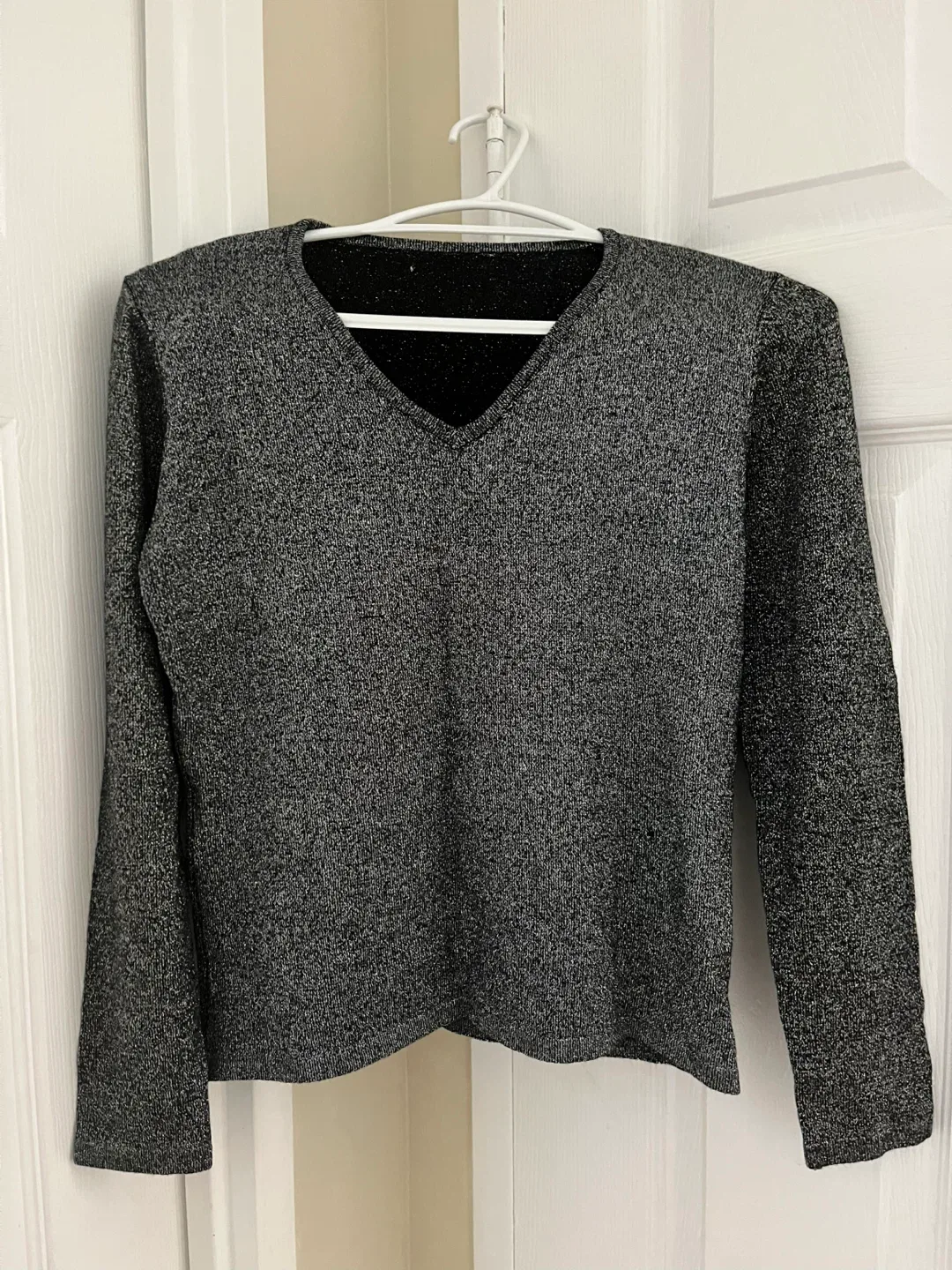 Silver Sparkle V-Neck Long Sleeve Top