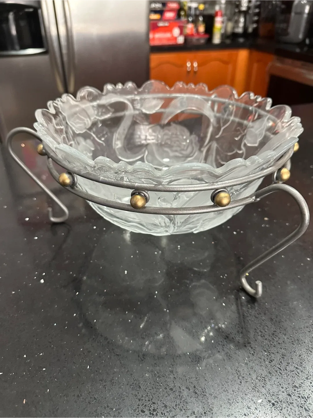 Floral Glass Bowl with Metal Stand image indicator(2)