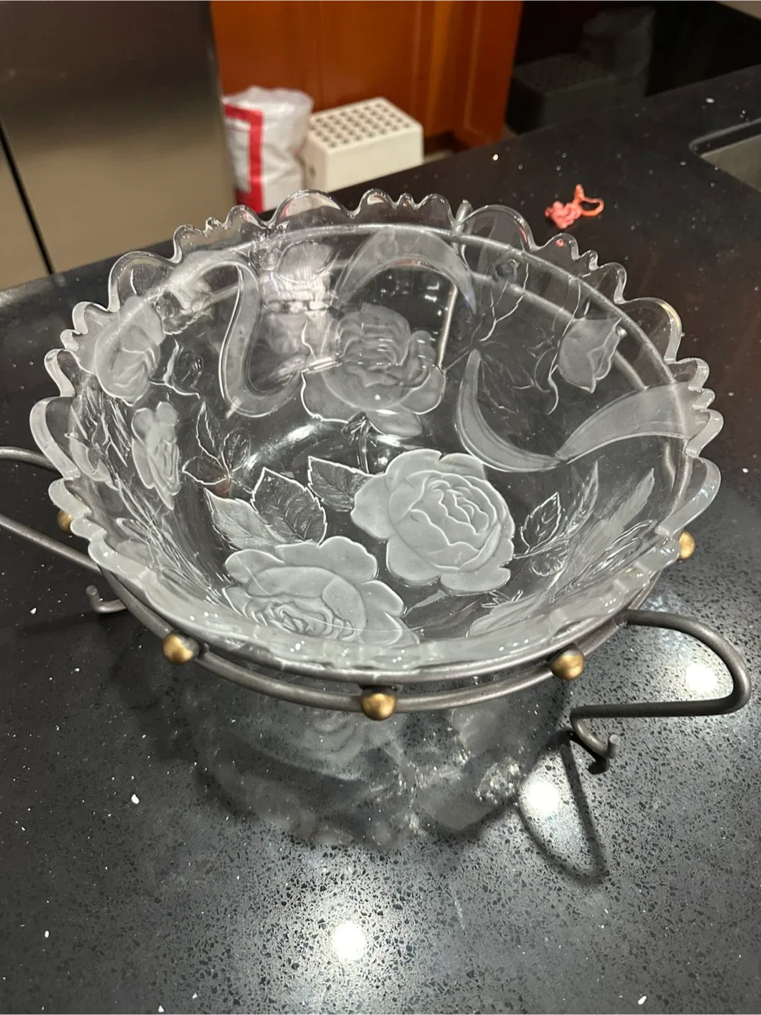 Floral Glass Bowl with Metal Stand