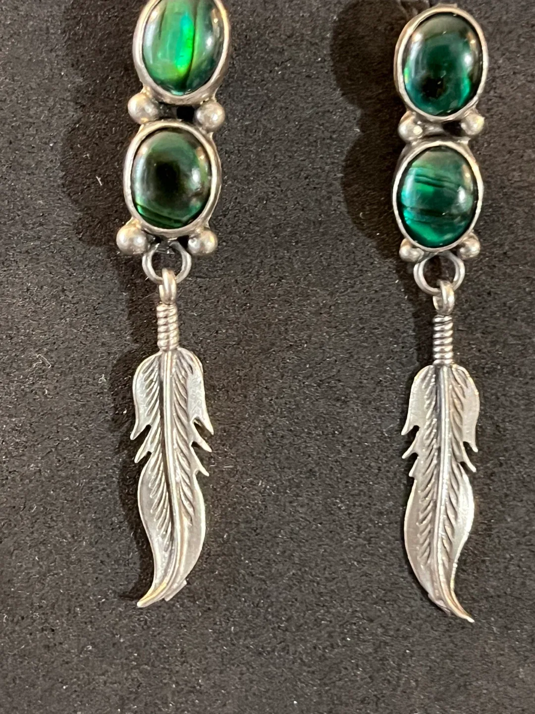 Sterling Silver Feather Earrings with Green Stones
