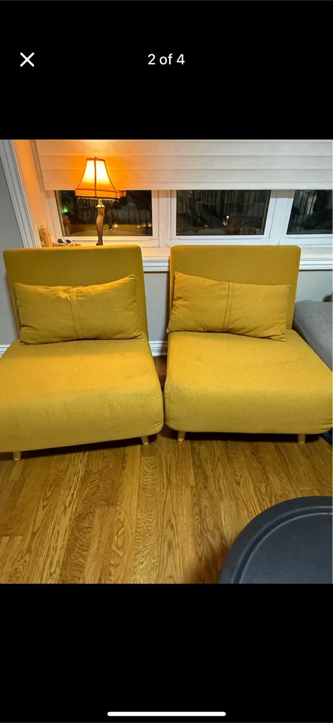 3 Yellow / mustard color chairs 2 of them fold out to  beds image indicator(6)