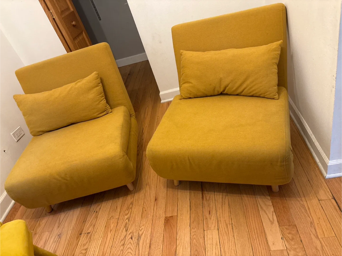 3 Yellow / mustard color chairs 2 of them fold out to  beds