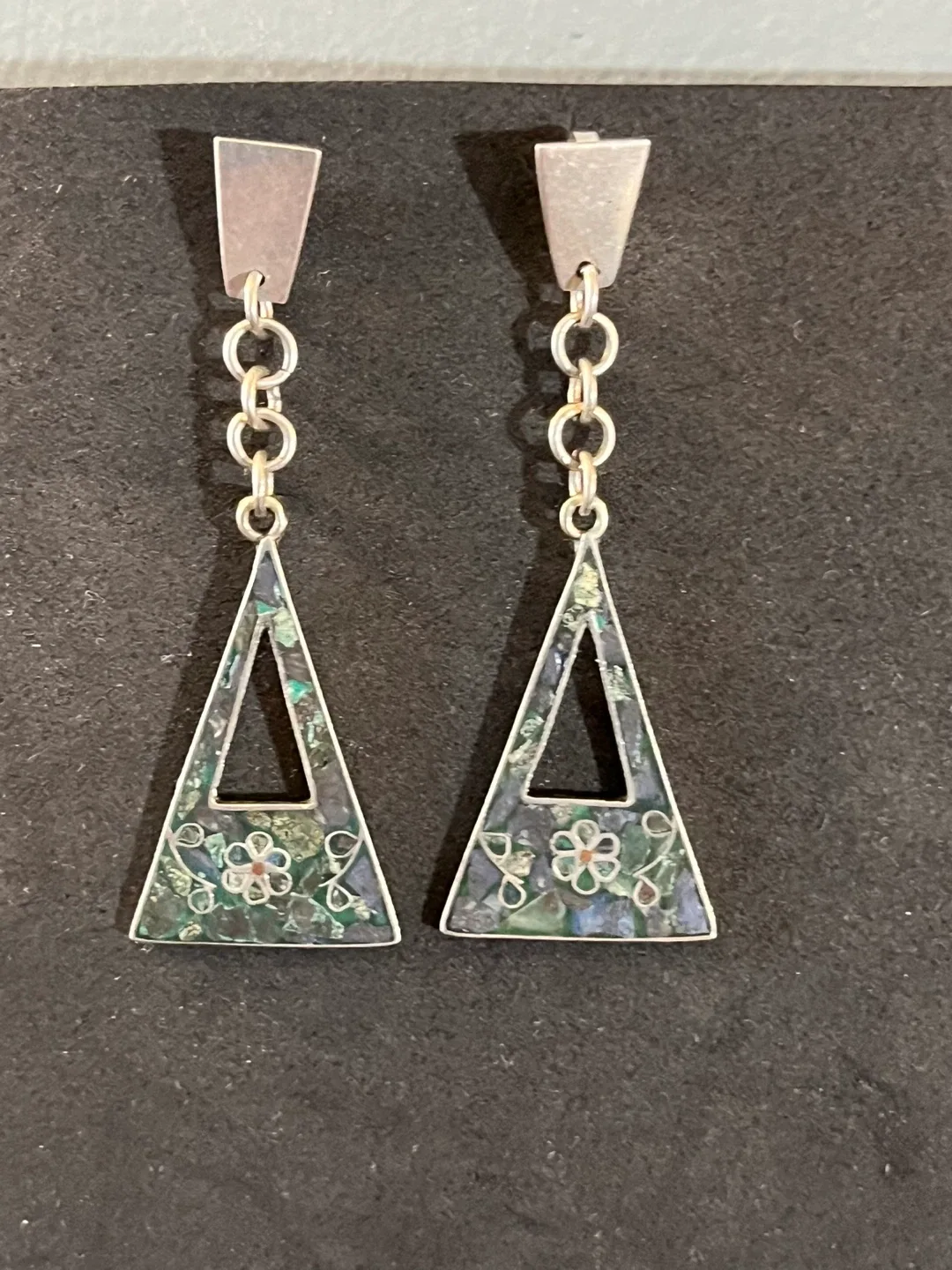 Vintage Mexico sterling Silver Triangle Dangle Earrings