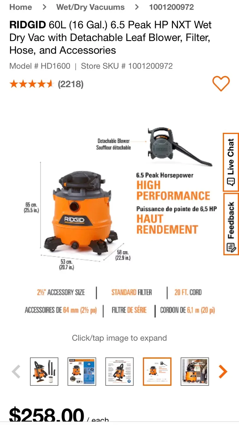 Ridgid 60L (16 Gal.) Wet Dry Shop Vacuum image indicator(6)