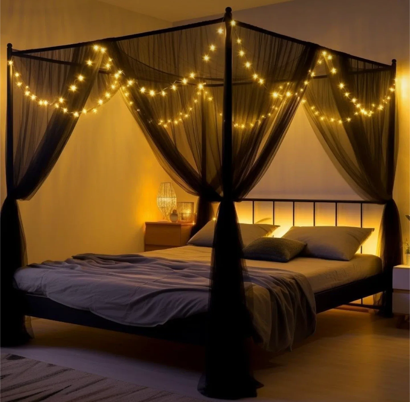 Black Canopy Bed Frame with Netting