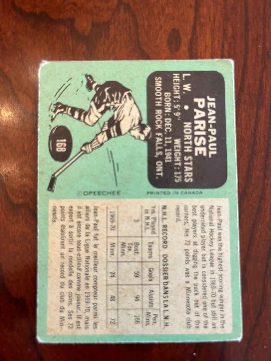 1970-71 O-PEE-CHEE #168 JEAN-PAUL PARISE MINNESOTA NORTH STARS image indicator(2)