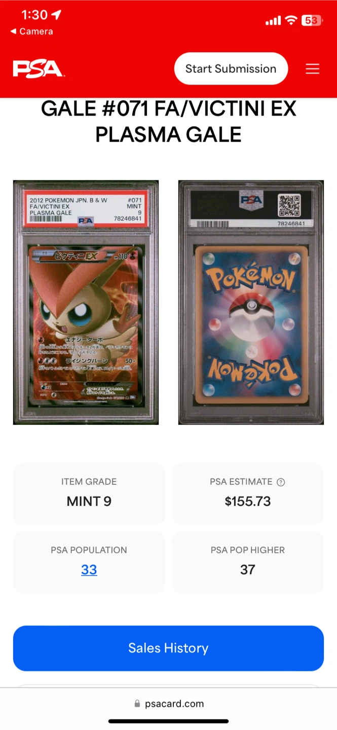 PSA Mint 9 Victini EX Plasma Gale Pokemon Card - photo 3