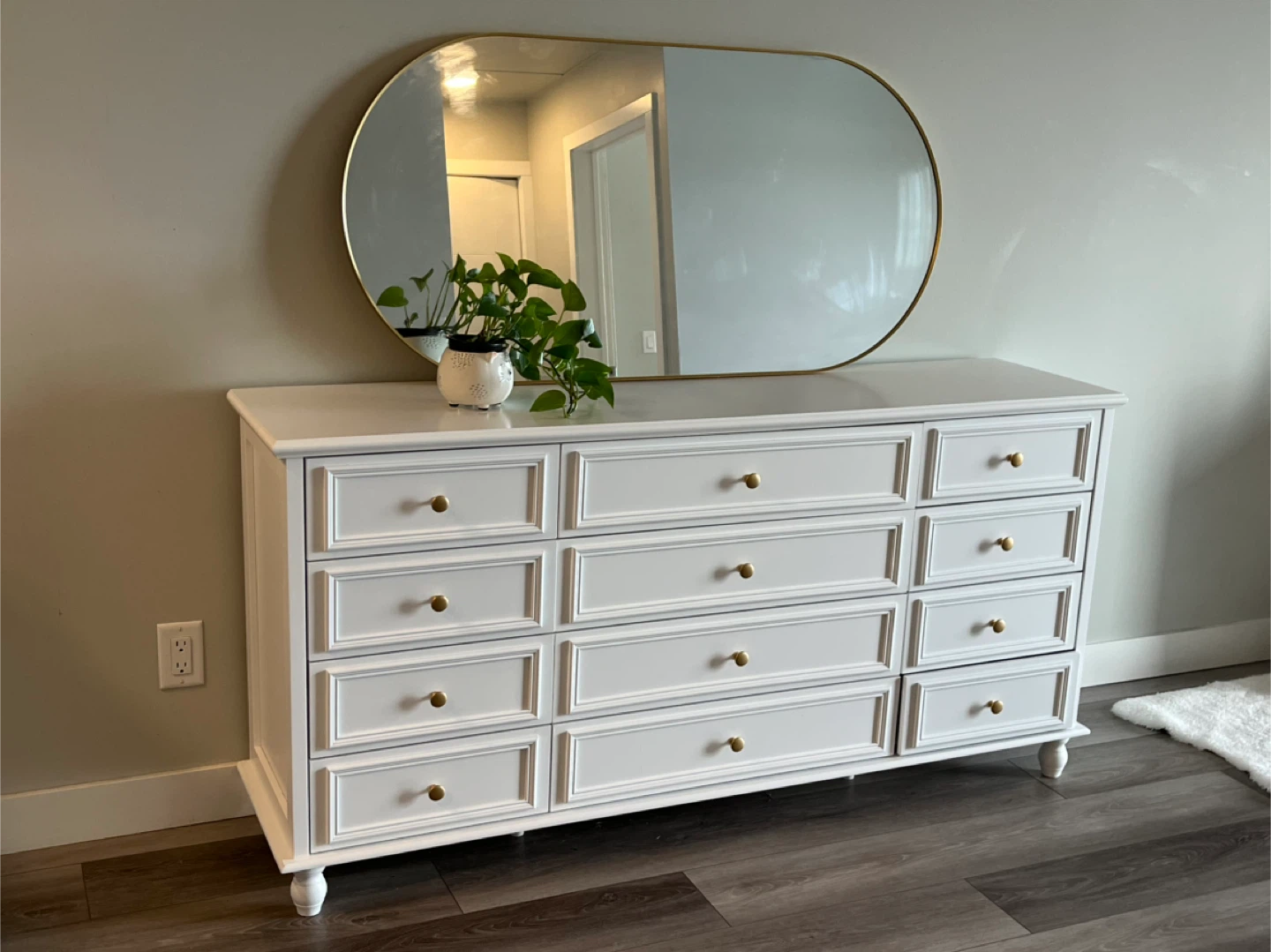 White Dresser with Gold Hardware and mirror