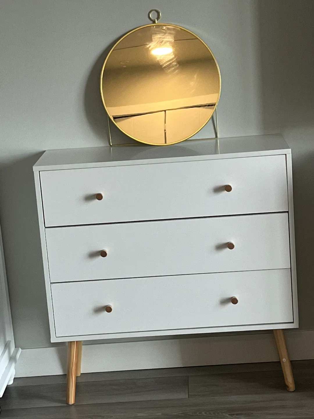 White 3-Drawer Dresser with mirror and boxes
