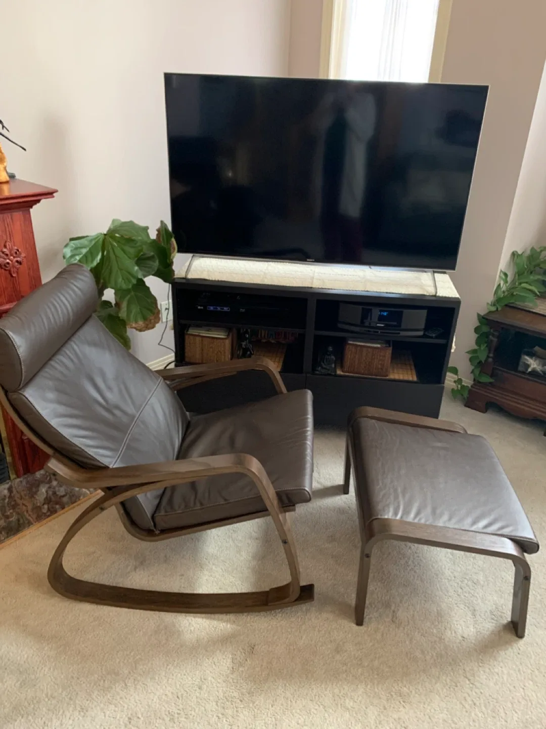 Faux Brown Leather Rocking Chair with Ottoman