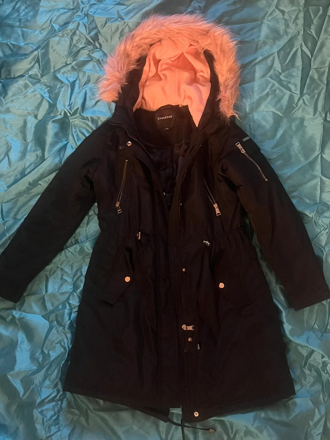 bebe Black Winter Coat with Faux Fur Hood
