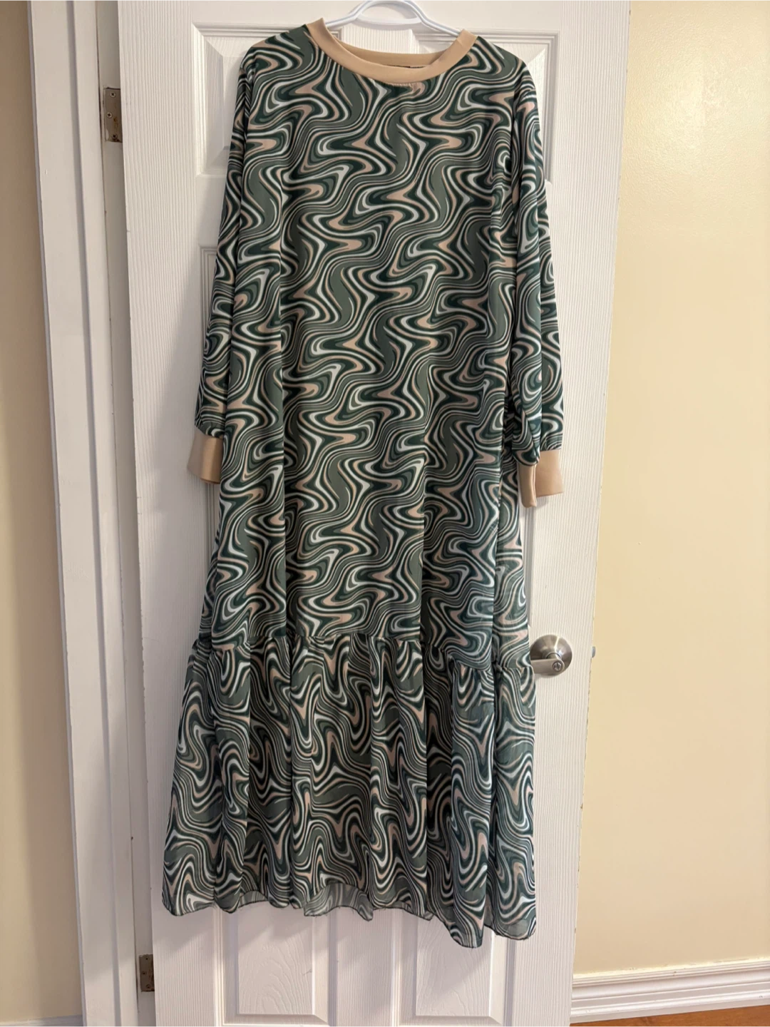 cream and green hijab evening dress