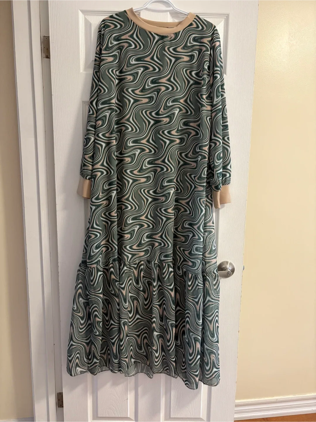 cream and green hijab evening dress