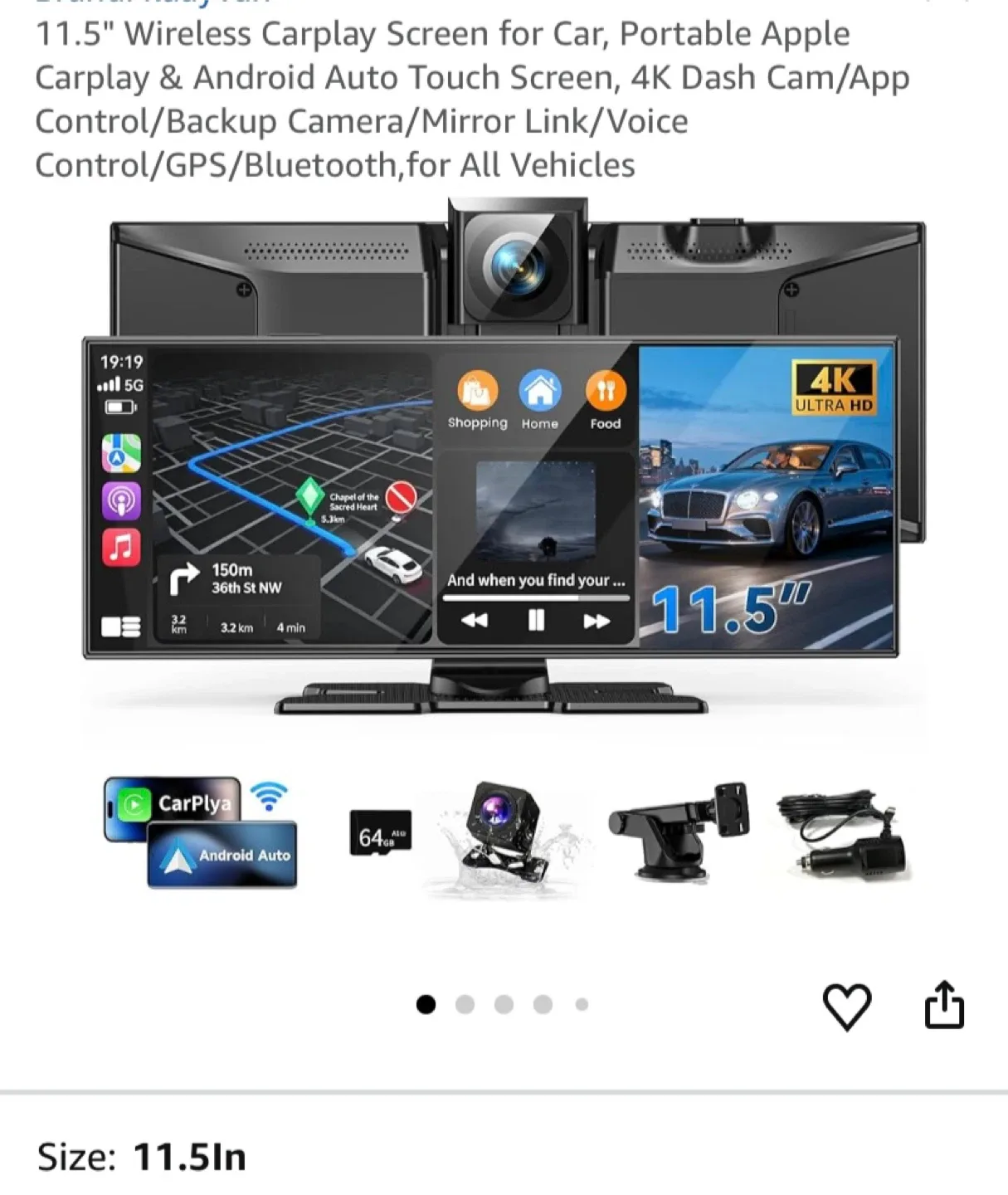 11.5" Wireless Carplay Screen - Portable Apple Carplay & Android