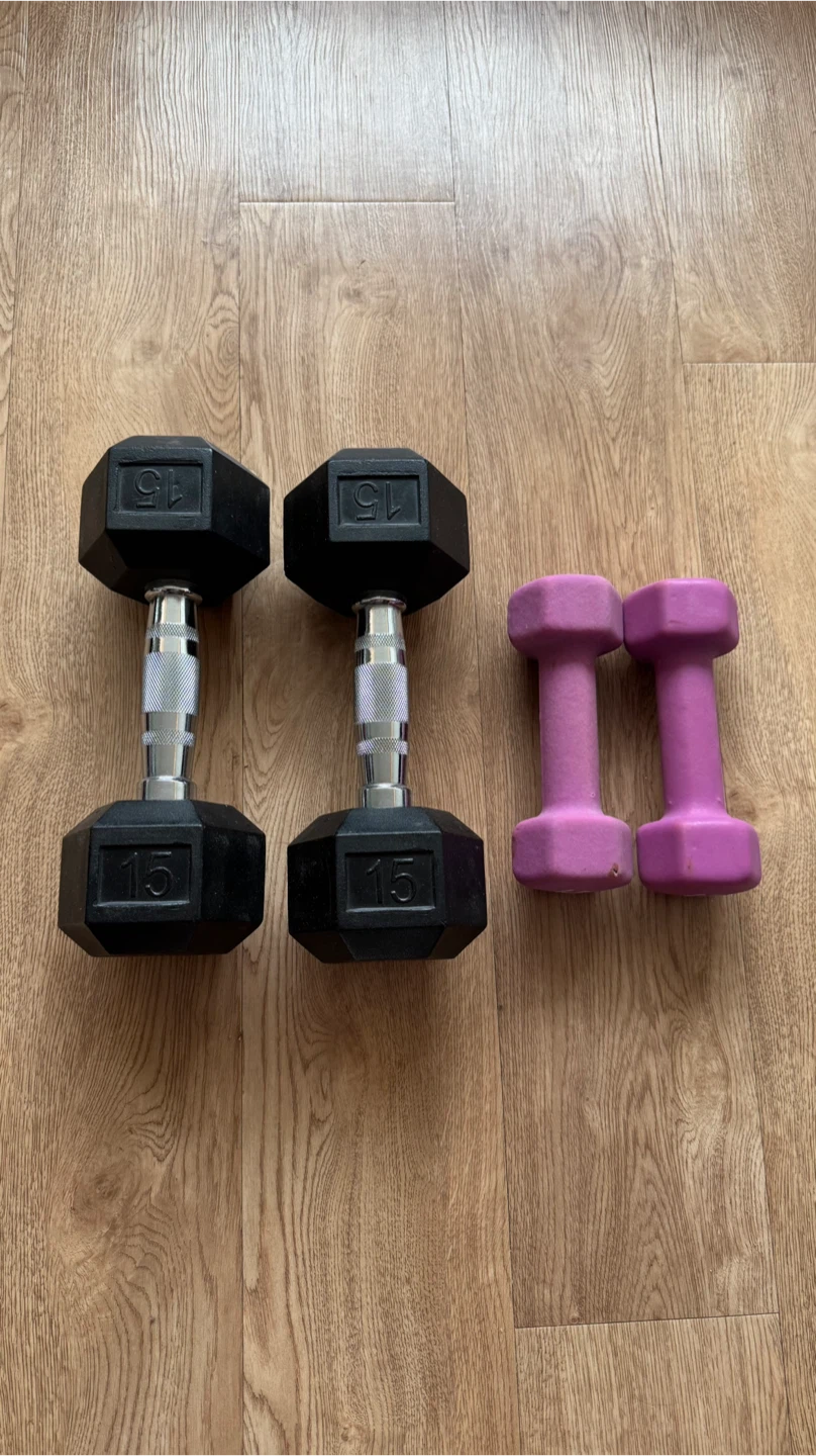 Pair of 15 lb Better Body Hex Dumbbells + FREE 5 lb Dumbbells