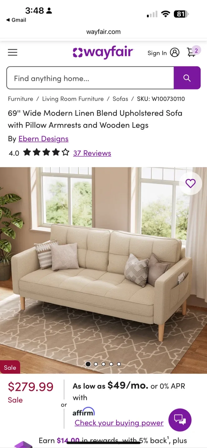 69" Linen Blend Upholstered Sofa