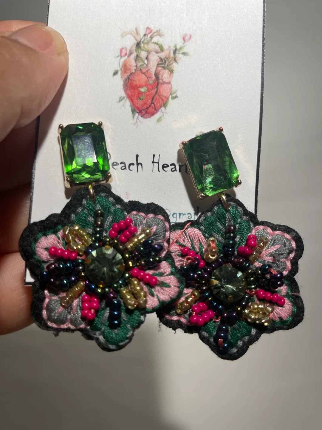 Peach Heart Emerald Green Earrings