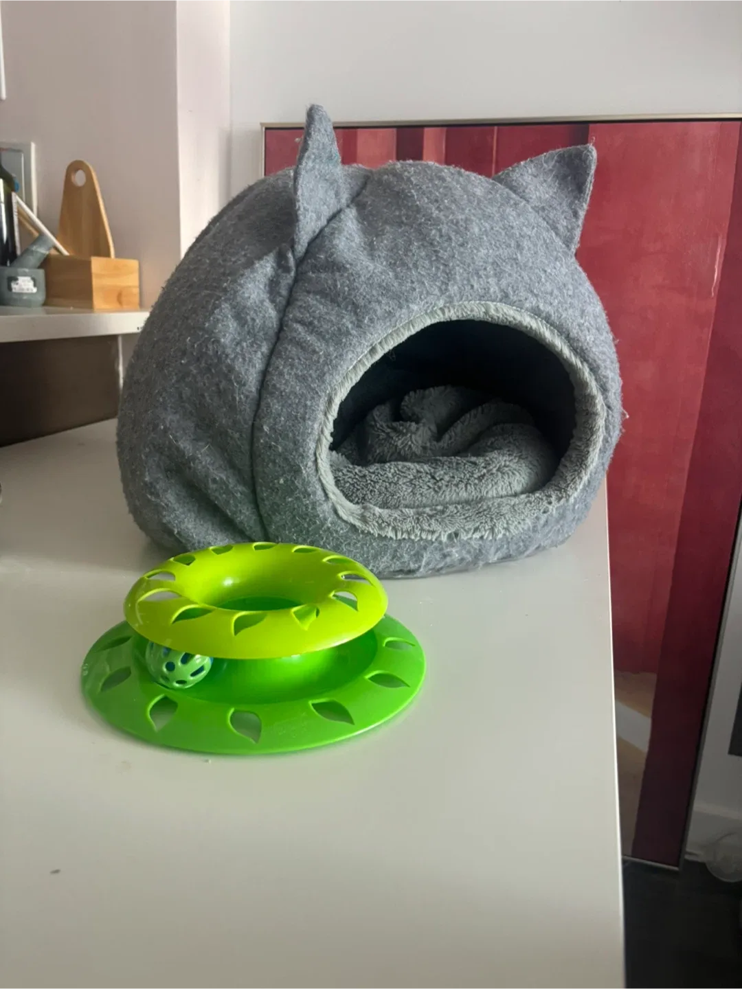 Grey Cat Bed Cave with Toy