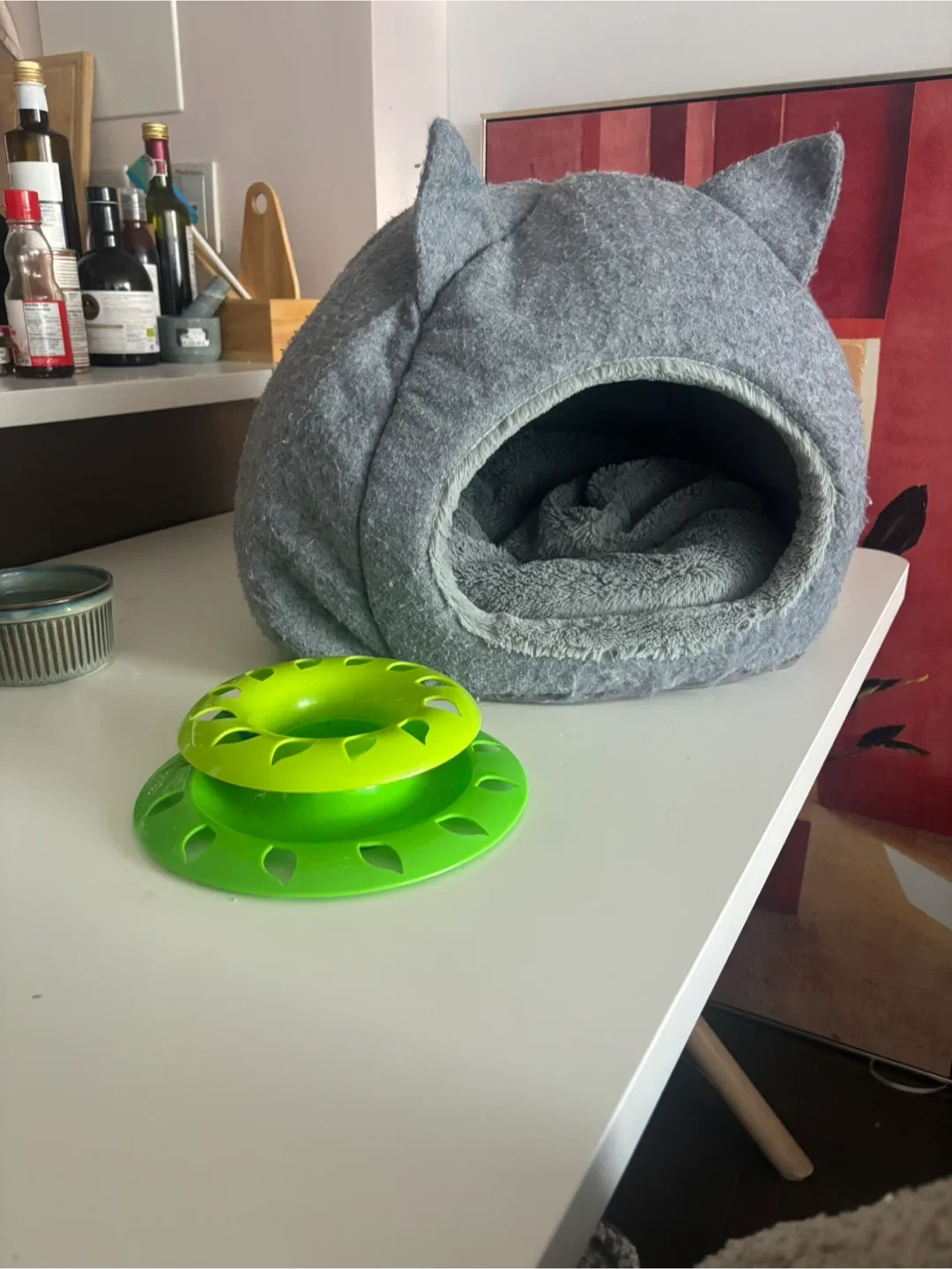 Grey Cat Bed Cave with Toy image indicator(2)
