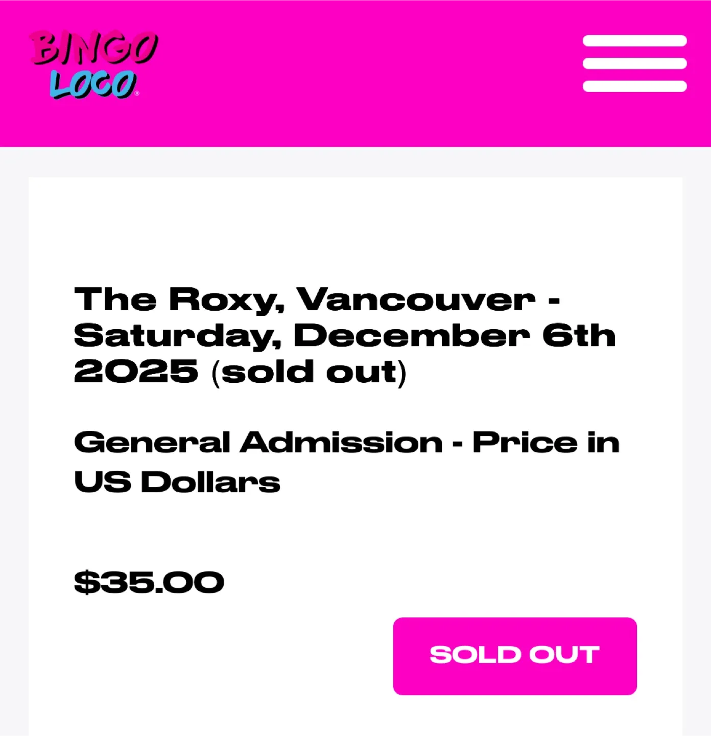 Bingo Loco Vancouver Roxy 2 Tickets - Dec 2025