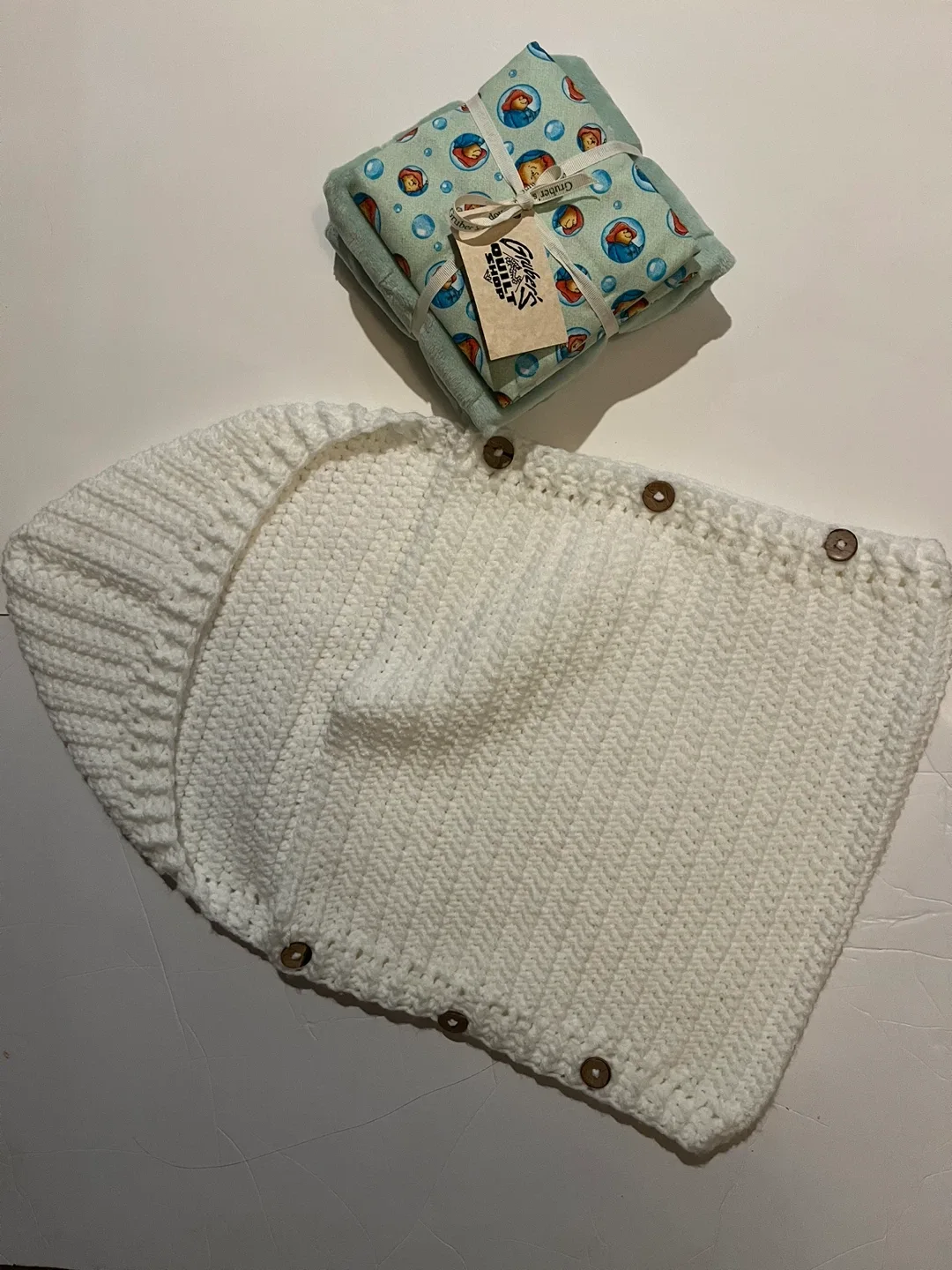 Handmade White Crochet Hooded Cowl & Gruber's Flannel