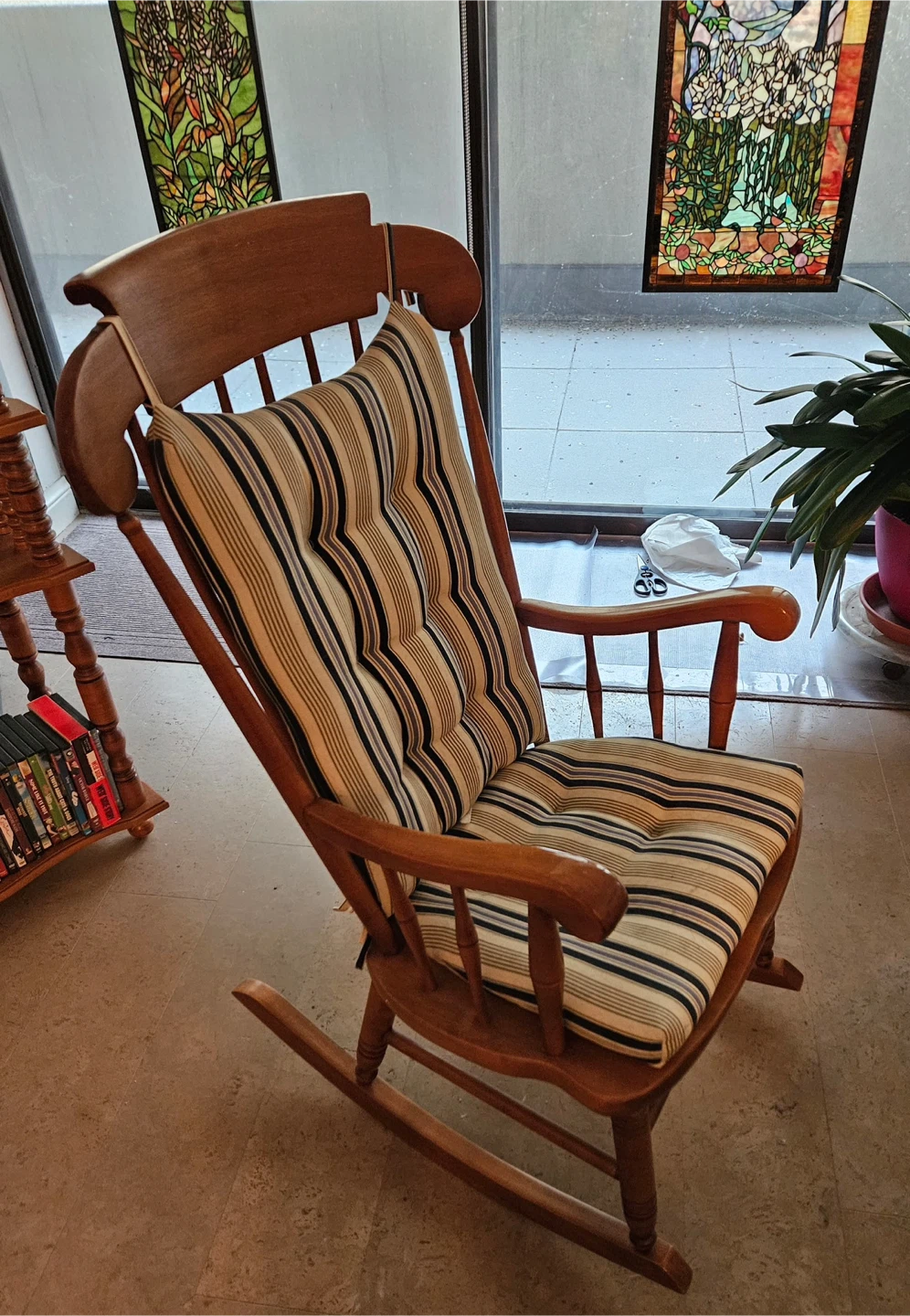 Wooden Rocking Chair with Striped Cushion