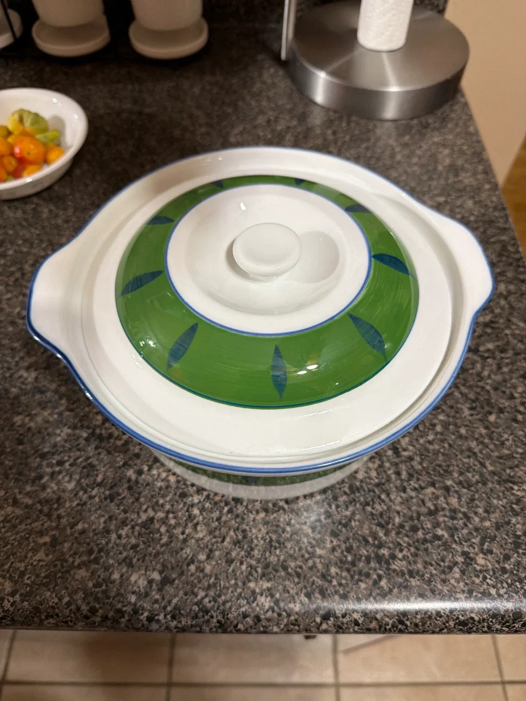 Covered Casserole Dish - Green & White