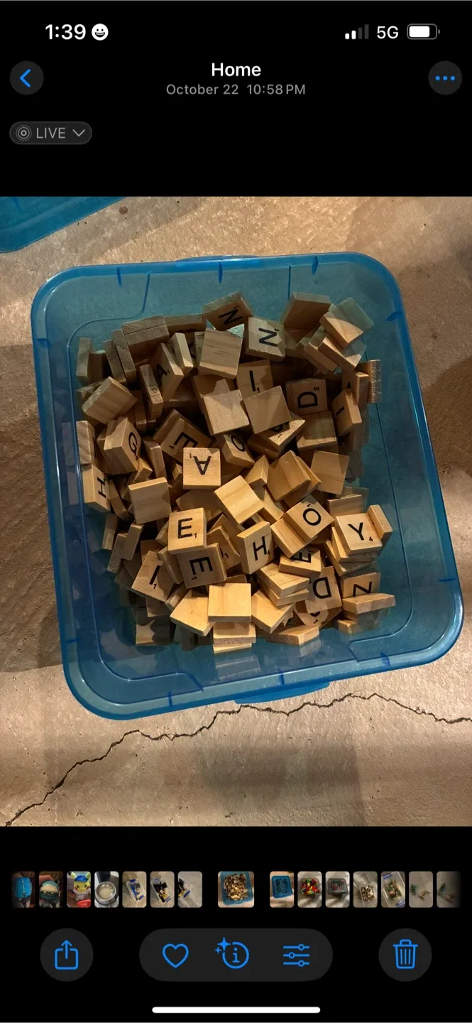 Scrabble Tiles in Blue Container